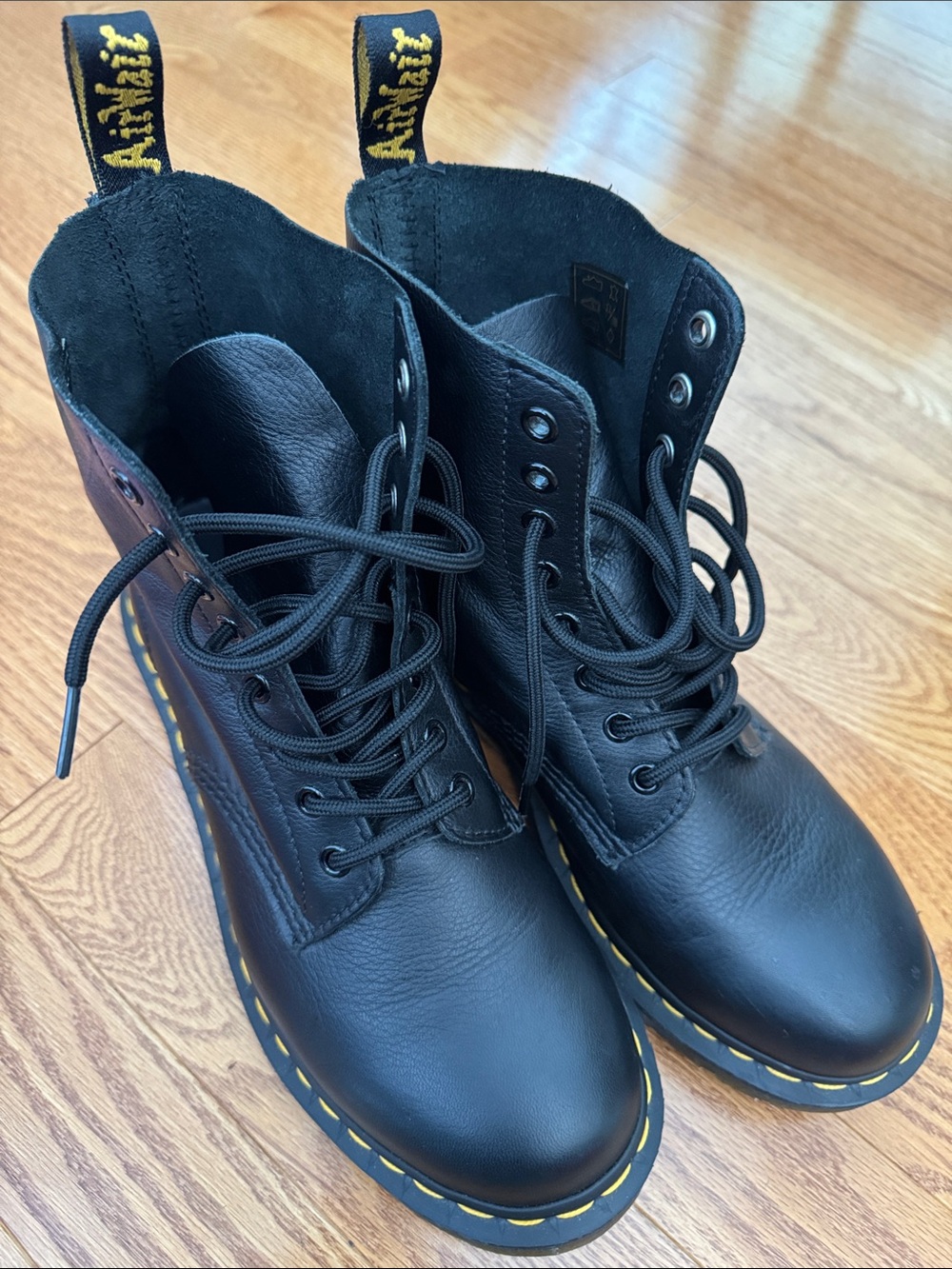 Dr. Martens Black Leather Lace-Up Boots with Yellow Stitching